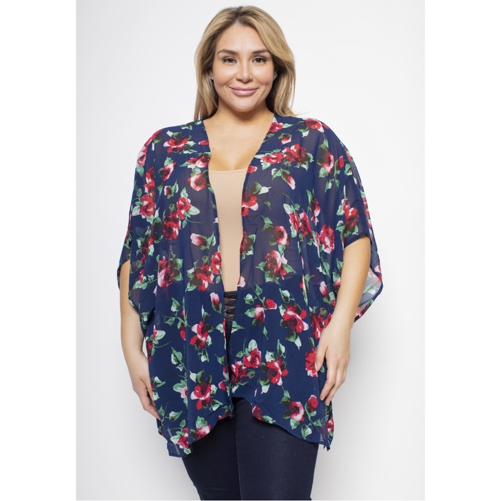 Plus Size Chiffon Floral Print Kimono Cardigan